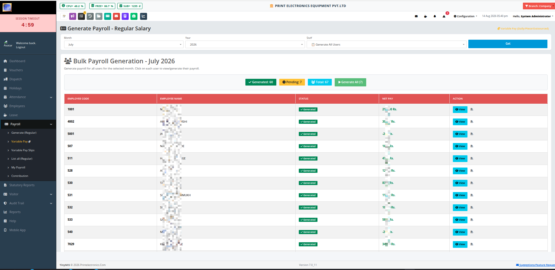 TinyMIS Payroll and Compliance screen